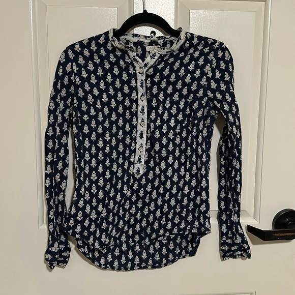 J. Crew Navy and White Cotton Long-Sleeve Button Up Blouse (Size xxs) - Picture 1 of 6